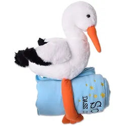 TE-Trend Kuscheltier Storch 38cm Plüschtier Stofftier mit Decke 100x80cm, Decke bestickt mit: „Schön das du da bist“. weiß