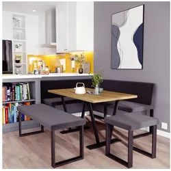 AN FURNITURE STORE Eckbankgruppe Eckbank ALINA Metall Set, (Eckbank mit Tisch, Sitzbank und Hocker), Tischplatte 32 mm, Farbe ARTISAN OAK, pulverbeschichtetes Metallprofil schwarz