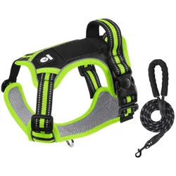 Refttenw Hunde-Geschirr Verstellbares Katzengeschirr Ausbruchsicher,Hundegeschirr,Mit Zugseil, Reflektierendes Design grün L