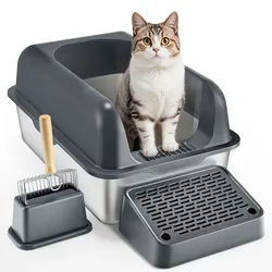 VEVOR Katzentoilette, 152,4 mm tief, XL extragroßes Katzenklo aus Edelstahl mit Schaufel, breitem Filter-Fußteil und hohen Rand, geruchsfreie Schalentoilette für Katzen, 60 x 40 x 30 cm, Dunkelgrau