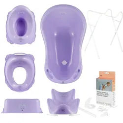 Hylat Baby Babybadewanne Hylat Baby Badewanne Set - für Neugeborene und Babys – Lite, Yeti, (7-teiliges SET, 7-tlg), Babywanne, Sitz, Gestell, Schemel, Topf, Toilettensitz, Abfluss – Lila lila