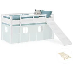 Homestyle4u Hochbett 90/200 cm in weiß Lattenrost Rutsche Bettvorhang Mint , Mintgrün, Weiß , Holz , Kiefer , 90x200 cm , Babymöbel & Kindermöbel, Kinderzimmer & Jugendzimmer, Kinderbetten, Hochbetten