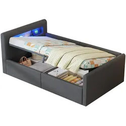 Okwish Polsterbett Kinderbett 90/200 cm Dunkelgrau mit LED-Licht und Hydraulischem Stauraum aus Samt , Textil , 90x200 cm , Babymöbel & Kindermöbel, Kinderzimmer & Jugendzimmer, Kinderbetten
