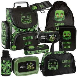 PASO Schulrucksack (Schulset, 9-tlg), Pixels, 9-tlg. Set, Schwarz schwarz