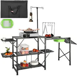 VEVOR Campingküche Outdoor Camping Küche 174 x 50 x 160 cm, Reiseküche Zeltschrank Zusammenklappbar 40 + 22 kg Klappbarer Campingtisch Küchenbox Arbeitsplatte Platz für die Spüle Tragetasche Shwarz