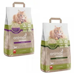 Animax Katzenstreu, 2x Animax zerkleinerte Holzklumpstreu 7 l Lavendel und Grüner Tee beige