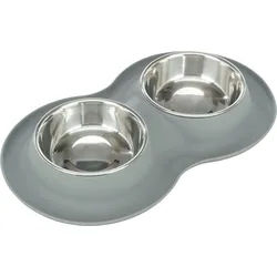 TRIXIE Napf-Set, Silikon / Edelstahl, 2 x 0,4 l / Ø 14 cm / 40 x 5 x 23 cm, grau