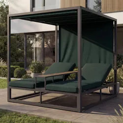 Alu Lounge-Gartenliege MCW-P81, Sonnenliege Daybed, 10cm-Polster 220g/m2 196x165x196cm ~ dunkelgrau, Polster dunkelgrün