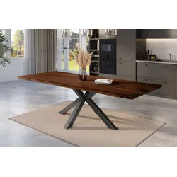SAM® Baumkantentisch Nicki, massives Akazienholz, Baumkante, Metallgestell Spider-Form, bis 3m braun 300 cm x 77 cm x 100 cm