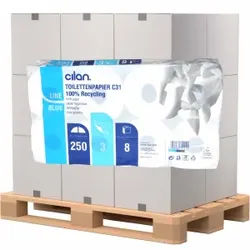 Cilan Toilettenpapier, Tissue, 3-lagig, hochweiß, mit EU Ecolabel, Recycling-Tissues, Blütenprägung, 1 Palette = 162 Packungen à 8 x 250 Blatt