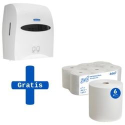 Kimberly Clark Aktionsset "No Touch" Handtuchpapier + Spender, Aktionsset zum Vorteilspreis, 6 Rollen SCOTT® Rollenhandtücher à 304 m + 1 gratis Spender
