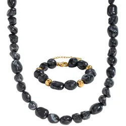 KARMA Schmuckset Schwarz Gold Damen Halskette Armband wasserfest & antiallergisch (Damen Armschmuck, moderner Schmuck Kette), Karabinerverschluss Edelstahl Resin schwarz