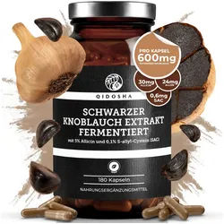 QIDOSHA Schwarzer Knoblauch Kapseln 600 mg fermentiert vegan Hartkapsel, Tagesvorrat 6 Monate Hochdosierter Schwarzer Knoblauch Extrakt Kapseln à 180 St., 128 g, Knoblauch Extrakt 600 mg fermentiert HPLC vegan 180 Kapseln