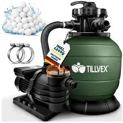tillvex Sandfilteranlage 13.200L/h mit 1200g Filterbällen + Pumpe (Poolfilter Selbstansaugend Sandfilter Schwimmbecken, Filteranlage 7-Wege Ventil & 2in1 Adapter Ø32-38mm), Pool 13.200L/h bis 40.000L + 1200g Filterbälle grün Classic