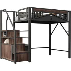 Okwish Hochbett 140/200 cm Schwarz mit Sicherheitsgehäuse und Stauraum , Metall , 140x200 cm , Babymöbel & Kindermöbel, Kinderzimmer & Jugendzimmer, Kinderbetten, Hochbetten