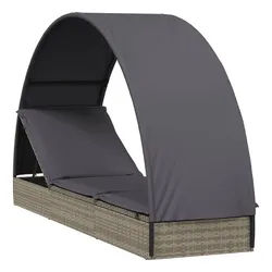 vidaXL Gartenliege, Sonnenliege mit Runddach Grau 211x57x140 cm Poly Rattan