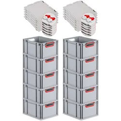 PROREGAL 10x Eurobox NextGen Color mit Scharnierdeckel & Verschlüssen | HxBxT 22x30x40cm | 20 Liter | Griffe rot offen | Glatter Boden