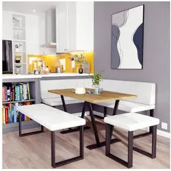 AN FURNITURE STORE Eckbankgruppe Eckbank ALINA Metall Set, (Eckbank mit Tisch, Sitzbank und Hocker), Tischplatte 32 mm, Farbe ARTISAN OAK, pulverbeschichtetes Metallprofil weiß