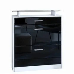 Vladon Schuhschrank Loret (hängender Schuhkipper für 16 Paar Schuhe, mit 2 Klappen und 1 Schublade und Glasablage) Weiß matt/Schwarz Hochglanz (89 x 104 x 23 cm) schwarz