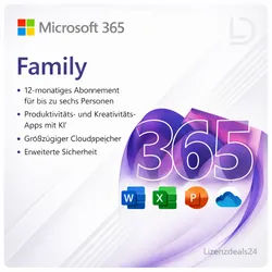 Microsoft 365 Family | Bis zu 6 Personen | Premium-Apps & Cloud-Speicher | 3 Jahre Abonnement | PC, Mac, iOS & Android
