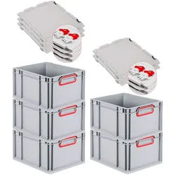 PROREGAL 5x Eurobox NextGen Color mit Scharnierdeckel & Verschlüssen | HxBxT 22x30x40cm | 20 Liter | Griffe rot geschlossen | Glatter Boden