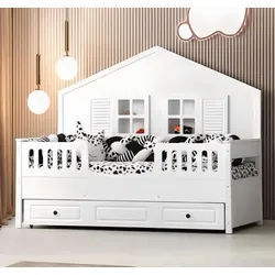 JVmoebel Kinderbett Weißes Ausziehbett aus Holz mit praktischer Schublade (1-tlg., 1x Bett) weiß