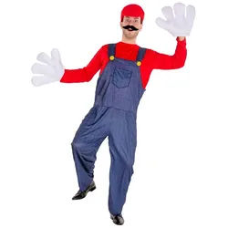 dressforfun Kostüm Herrenkostüm super Klempner Mario, Latzhose in Jeansoptik, mit 2 aufgenähten, gelben Knöpfen rot XL | XL