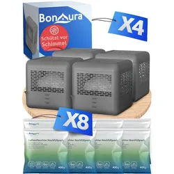 BonAura Luftentfeuchter ohne Strom, für 88 m3 Räume, Tank 0,6 l, 4x Entfeuchter und 8x Luftentfeuchter Nachfüllpack grau
