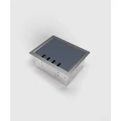 BS 8504B-4-0 Hohlbodentank, 4-fach, eckig, belegbar, Rahmen und Deckel aus Edelstahl, 2x Schutzkontakt-Steckdose, 1x RJ45 2-fach, 1x Antenne (SAT/TV/R, Enddose)