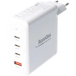 AccuCell 100 W GaN Charger mit 3x USB-C Ausgang und einem USB-A Ausgang, maximaler USB-C Ausgang 100 W PD