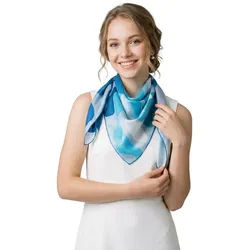 MayTree Seidentuch Premium quadratisch 86x86cm handrolliert, Rosentuscherei Ocean blue, (Stück), Handrolliert, aus 100% Maulbeerseide mit abstraktem Blumenmuster. blau