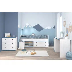 Parisot Jugendzimmer-Set Tivaro, (Kinderzimmer in Kiefer weiß, Komplett-Set 4-teilig), inklusive Blau und Pink weiß