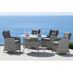 KONIFERA Garten-Essgruppe Menorca, (Set, 13-tlg., 4x Sessel, 1x Tisch ØxH: 120x75cm, inkl. Auflagen), Polyrattan, Aluminium, Tischplatte aus 5mm starkem Sicherheitsglas grau