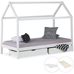 Homestyle4u Hausbett mit Matratze mit Stauraum 90/200 cm Weiß , Holz , 206x160x98 cm , Babymöbel & Kindermöbel, Kinderzimmer & Jugendzimmer, Kinderbetten, Spielbetten