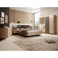Schlafzimmer-Set - Bett mit Bettkasten & Nachttischen - 160 x 200 cm + Kommode + Kleiderschrank - Holzfarben & Schwarz - ARIADA