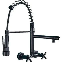 KLARWERK® Björn | Gastronomie Armatur Wandmontage Schwarz | Profi Küchenarmatur Edelstahl Zwei Brausen Feder | Doppelspülbecken Wasserhahn Restaurant