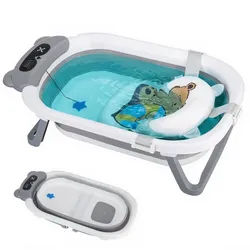 oyajia Babybadewanne Faltbare Badewanne PP&TPE Babywanne Badewannensitz, (mit weichem Schwimmkissen und Thermometer, Rutschfeste Badewanne) grau