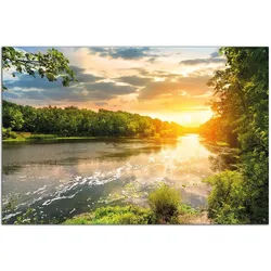 Wallario Sichtschutzzaunmatten Sonnenuntergang am Fluss in grüner Umgebung gelb 61 cm x 91.5 cm