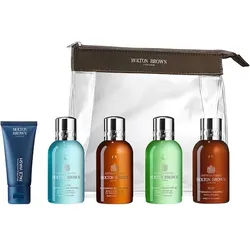 Molton Brown Herrenpflege Körperpflege Mens' Carry-On Balancing Face Wash African Wood 30 ml + Bath & Shower Gel Coastal Cypress 100 ml + Bath & Shower Gel Black Pepper 100 ml + Bath & Shower Gel Infusing Eucalyptus 100 ml + Hydrating Shampoo with Camomile 100 ml