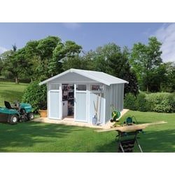 Grosfillex Gartenhaus UTILITY 11m2 Gartenschuppen aus Kunststoff und Metall mit Glasfenstern, BxT: 370x407 cm, Langlebig, UV-Behandelt blau|grau