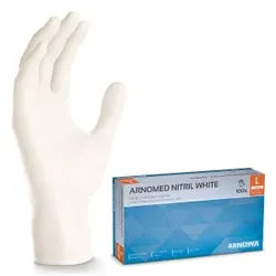ARNOMED Nitril White Einmalhandschuhe, puderfrei, weiß, Reißfeste Nitrilhandschuhe mit praktischem Rollrand, 1 Packung = 100 Stück, Größe L