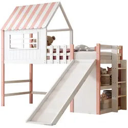 Okwish Hochbett 90/200 cm Rosa Dachboden-Design mit Rutsche und Staufächern , Holz , 90x200 cm , Babymöbel & Kindermöbel, Kinderzimmer & Jugendzimmer, Kinderbetten, Hochbetten