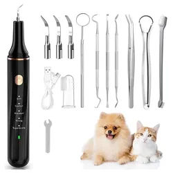 TUWENA Mundpflegecenter Zahnreiniger Ultraschall für Hund und Katze, Zahnpflege Set, mit LED, 5 Modi, 4 Reinigungsköpfe, 1 Mundspiegel, 1 Pinzette, 1 Zungenschaber schwarz