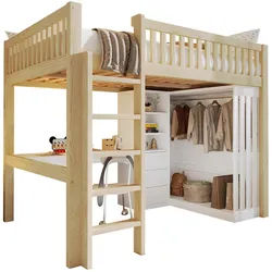 Okwish Hochbett 140/200 cm natur aus Kiefer und MDF mit Schreibtisch Kleiderschrank Treppe , Naturfarben , Holz , 140x200 cm , Babymöbel & Kindermöbel, Kinderzimmer & Jugendzimmer, Kinderbetten, Hochbetten