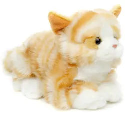Uni-Toys Kuscheltier Katze mit Stimme (braun-weiß) - 20 cm (Länge) - Plüsch, Plüschtier, zu 100 % recyceltes Füllmaterial braun