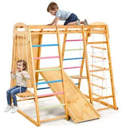 VEVOR Indoor Spielplatz Klettergerüst (9 in 1) aus Holz, 113 kg belastbares Montessori-Kletterspielzeug-Set mit Schaukeln/Klettergerüst/Rutsche/Holzleiter/Strickleiter/Kletternetz/Fels/Stange/Seil