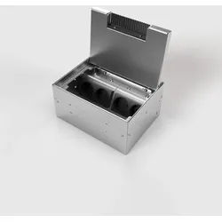BS 8904BB-2-0 Bodentank, 4-fach, eckig, höhenverstellbar, belegbar, Klappdeckel aus Edelstahl, KA-Bürstenleiste, 3x Schutzkontakt-Steckdose, 1x RJ45 2-fach