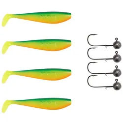 Pamchion Kunstköder 4x Fox Rage Zander Pro Shad + 4x Pamchion Jigköpfe / Jighaken Set, (8-St) 12g | 16 cm