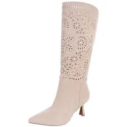 Ital-Design Kniehohe Stiefel mit Aussparungen und Absatz für Damen Sommerboots (91261238) Pfennig-/Stilettoabsatz Stiefel in Beige beige|braun 36 EU