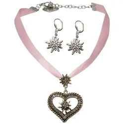 Alpenflüstern Ketten-Set Trachtenschmuck-Set Satin-Trachtenkette Strassedelweissherz und Trachten-Ohrhänger Strass-Edelweiss (rosa-ros), - Damen-Trachten-Schmuck,Trachtenset Kette und Trachten-Ohrringe
